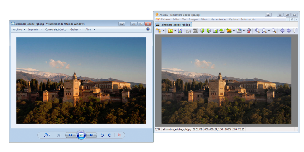 Un ejemplo de gestión del color: La misma imagen vista en el Visualizador de fotos de Windows y en XnView